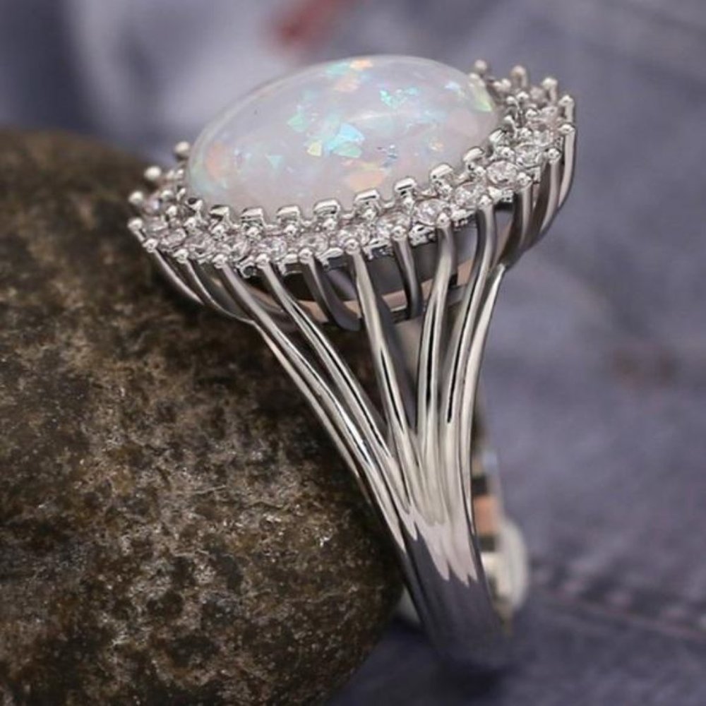 NEW HUGE OPAL DIAMOND HALO STERLING SILVER RING, CUTE RING, SHINY RING. - Picture 4 of 6